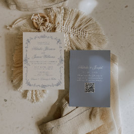 Dusty Blue Floral Boho Botanical QR Code Wedding Einladung