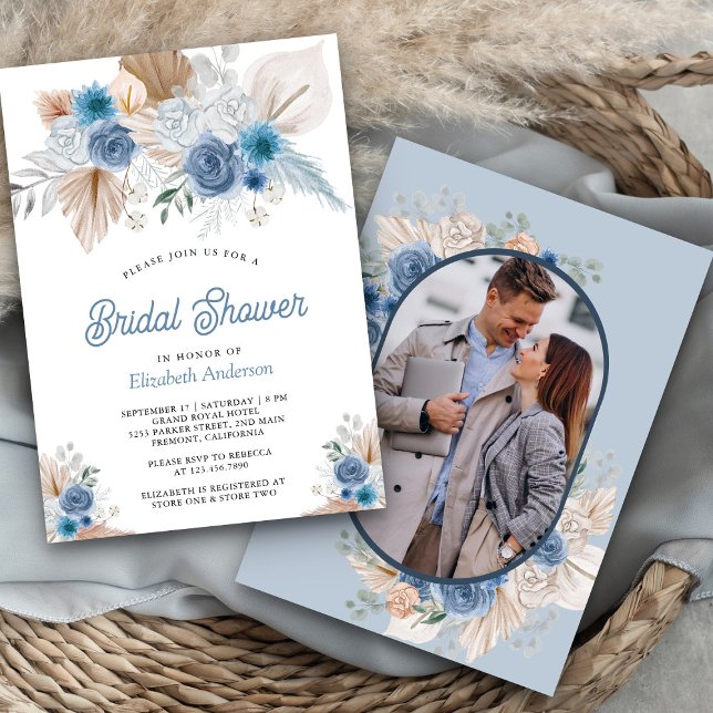 Dusty Blue Floral Boho Pampas Foto Brautparty Einladung (Von Creator hochgeladen)