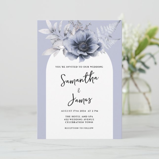 Dusty Blue Floral Boho Wassercolor Wedding Einladung (Stehend Vorderseite)