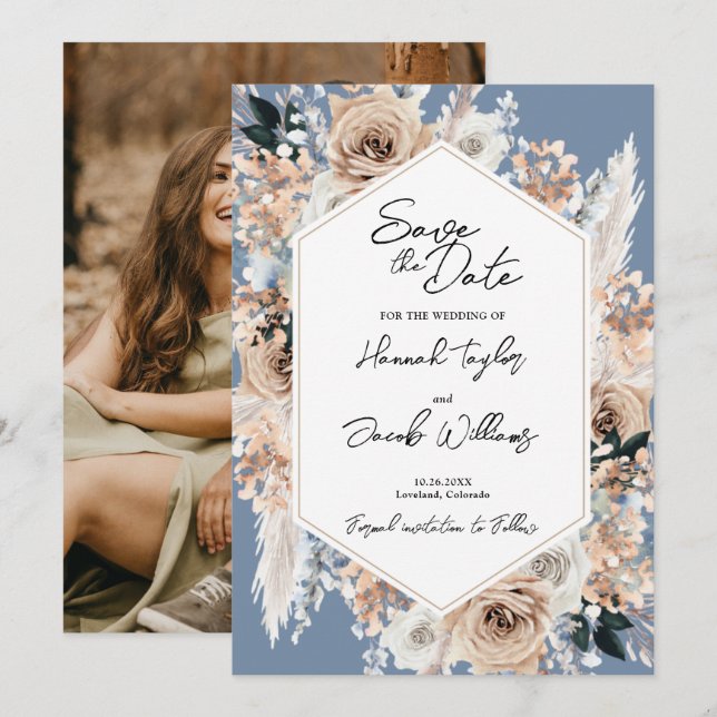 Dusty Blue Floral Boho Wedding Foto Save the Date (Vorne/Hinten)