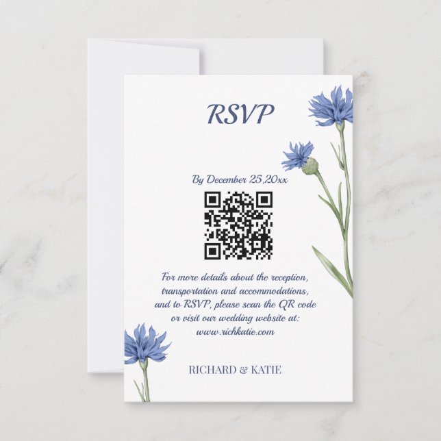 Dusty Blue Floral Bold Stilvolle QR Code RSVP Kart Karte (Vorderseite)