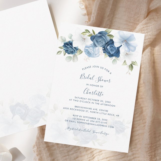 Dusty Blue Floral Botanical Brautparty Mitteilungskarte (Dusty Blue Floral Botanical Bridal Shower Note Card)