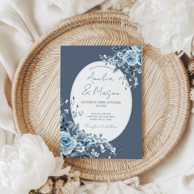 Dusty Blue Floral Botanical Elegant Wedding  Einladung (Dusty Blue Floral Botanical Elegant Wedding Invitation)