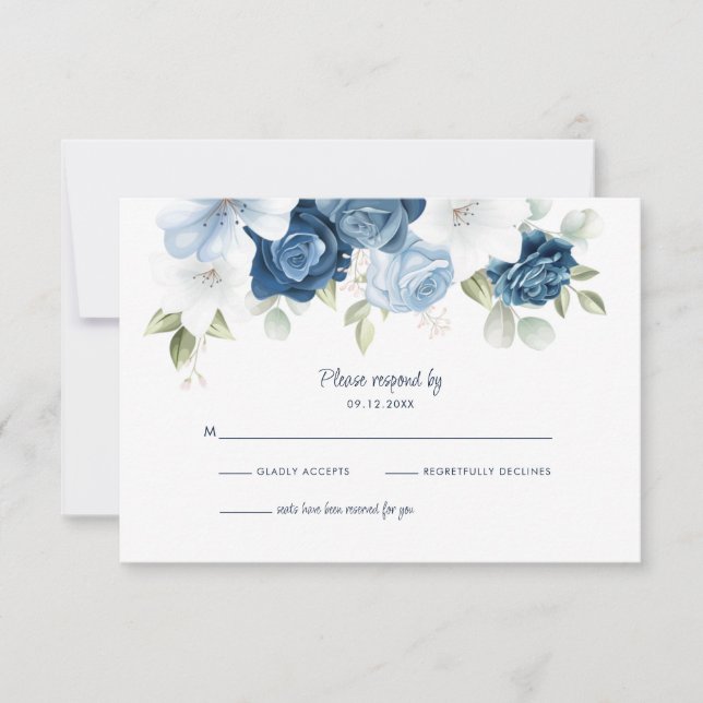 Dusty Blue Floral Botanical Foliage RSVP Karte (Vorderseite)