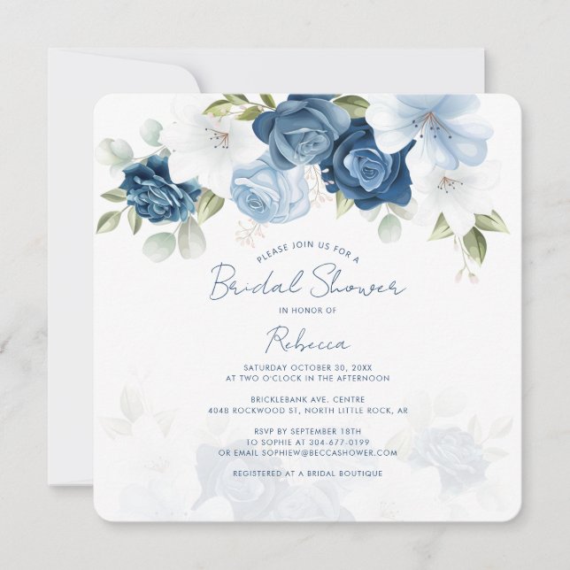 Dusty Blue Floral Botanical Greenerity Brautparty Einladung (Vorderseite)