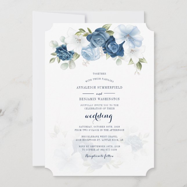 Dusty Blue Floral Botanical Script Wedding Einladung (Vorderseite)