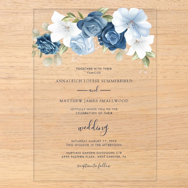 Dusty Blue Floral Botanical Wedding Acryleinladungen (Vorderseite)