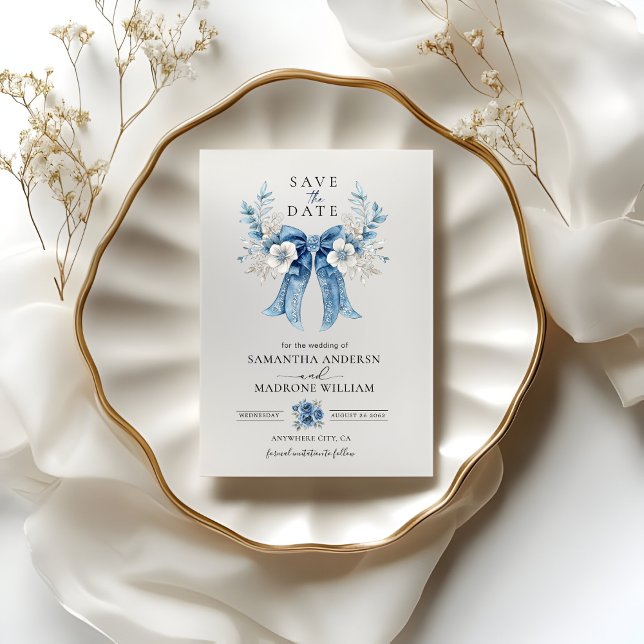 Dusty Blue Floral Bow Save the Date Wedding Card (Créateur téléchargé)