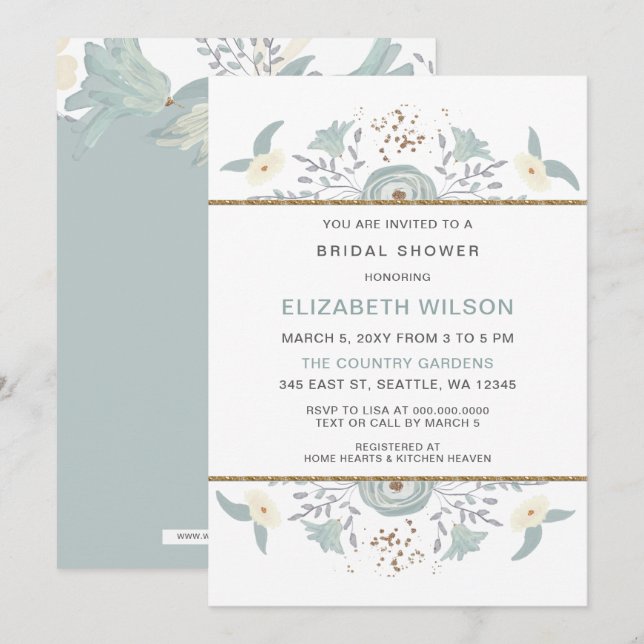 Dusty Blue Floral Brautparty Einladung (Vorne/Hinten)