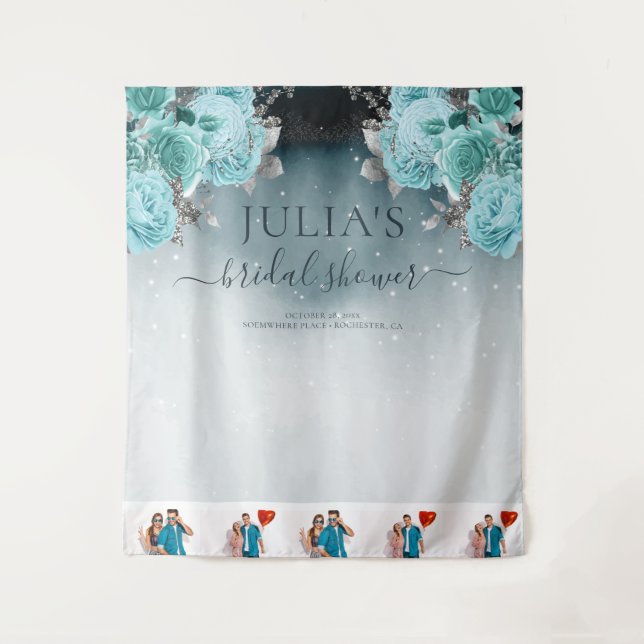 Dusty Blue Floral Brautparty Foto Wandteppich (Vorderseite)