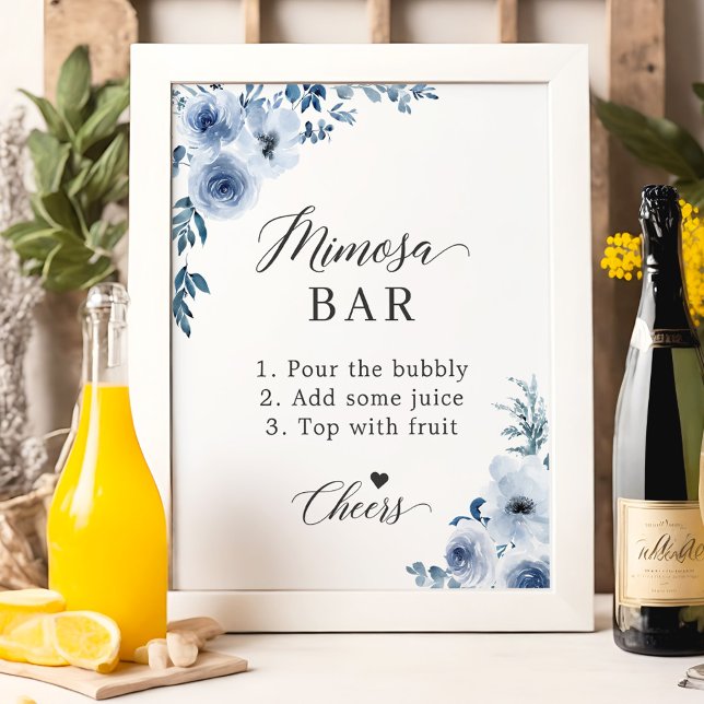Dusty Blue Floral Brautparty Mimosa Bar Sign Poster (Von Creator hochgeladen)