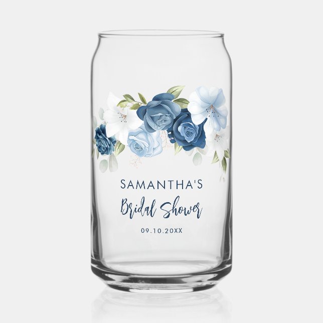 Dusty Blue Floral Brautparty Personalisiert Dosenglas (Vorderseite)