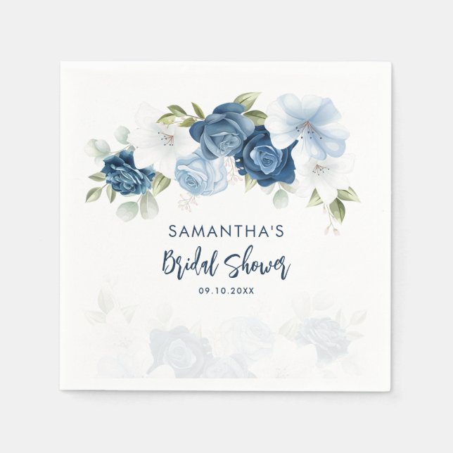 Dusty Blue Floral Brautparty Personalisiert Paper Serviette (Vorderseite)