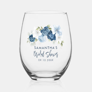 Dusty Blue Floral Brautparty Personalisiert Weinglas Ohne Stiel