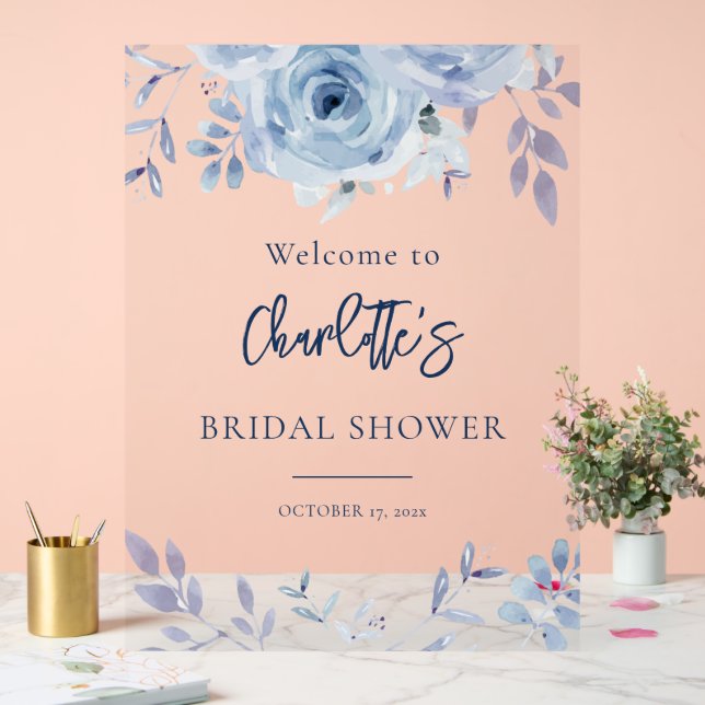 Dusty Blue Floral Brautparty Willkommen Acrylschild (Hochzeit)