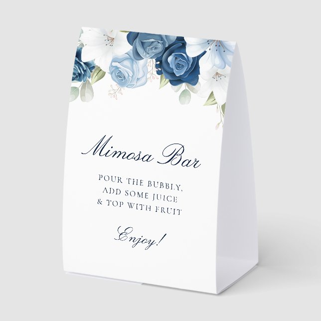 Dusty Blue Floral Bridal Shower Mimosa Bar Tischaufsteller (Vorderseite)