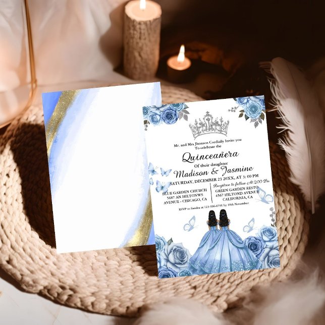 Dusty Blue Floral Butterfly Twin Quinceanera Einladung (Von Creator hochgeladen)
