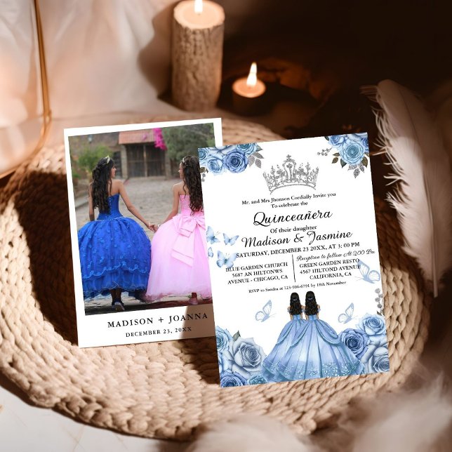 Dusty Blue Floral Butterfly Twin Quinceanera Einladung (Von Creator hochgeladen)