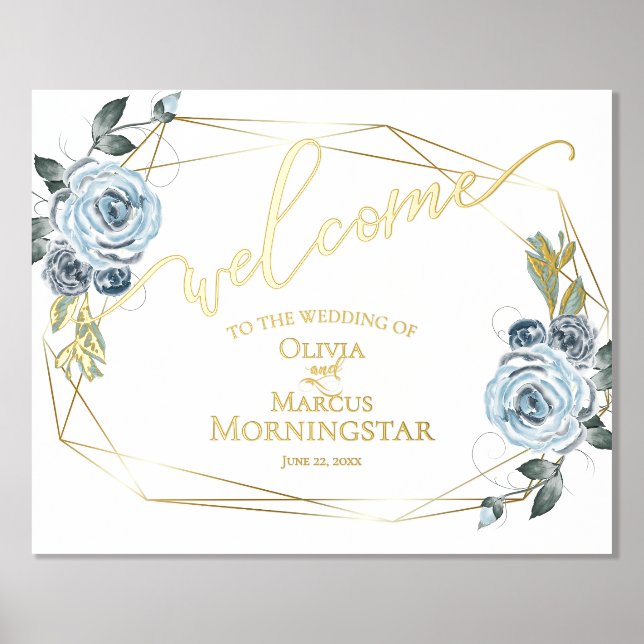 Dusty Blue Floral Calligraphy Willkommen Foliendrucke (Vorderseite)