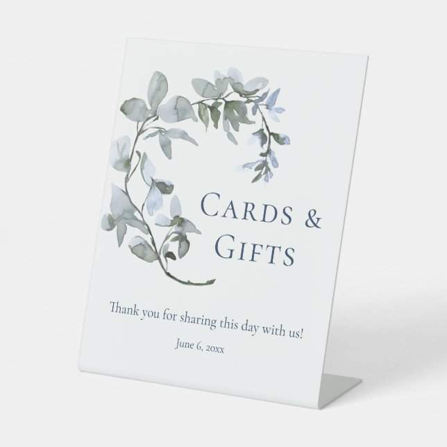 Dusty Blue Floral Cards and Gifts Brautparty Sockelschild (Vorderseite)