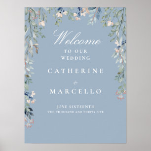 Dusty Blue Floral Cascade Mariage Affiche de bienv