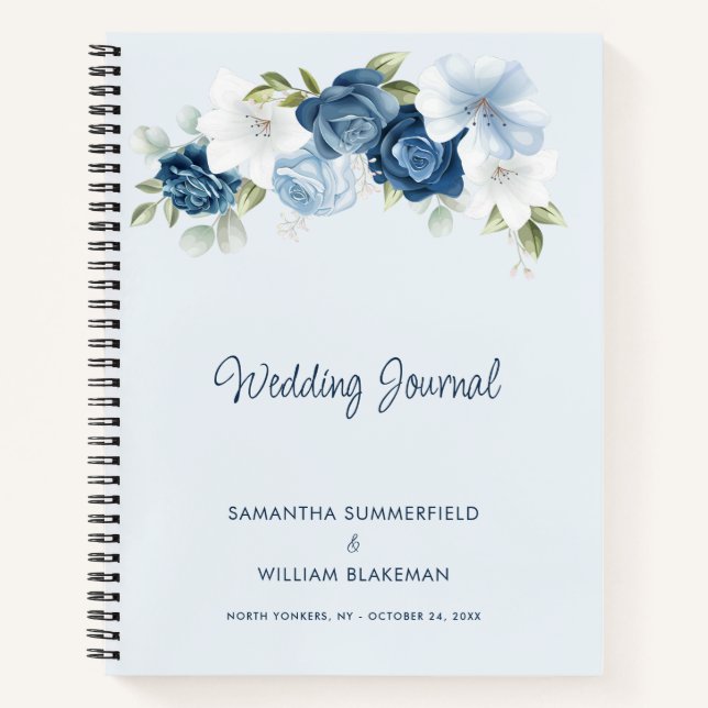 Dusty Blue Floral Chic Personalisiert Wedding Notizbuch (Vorderseite)