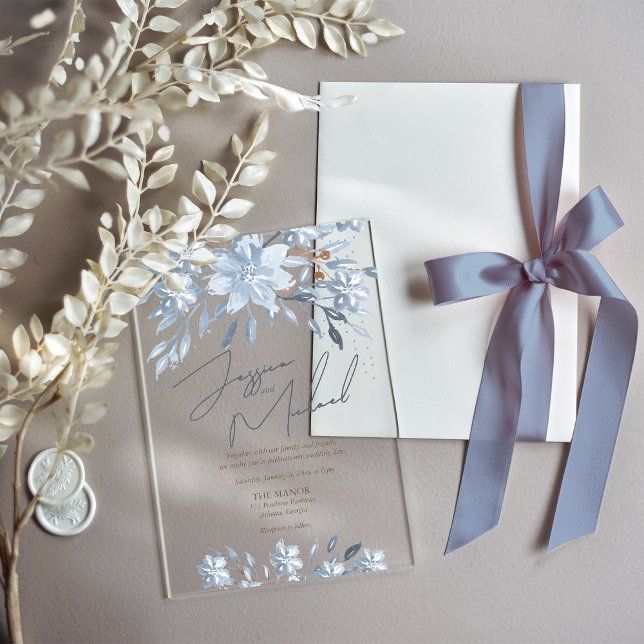 Dusty Blue Floral Chic Script Winter Theme Wedding Acryleinladungen (Von Creator hochgeladen)