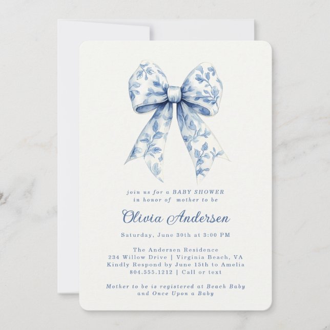 Dusty Blue Floral Chinoiserie Bow Baby Dusche Einladung (Vorderseite)