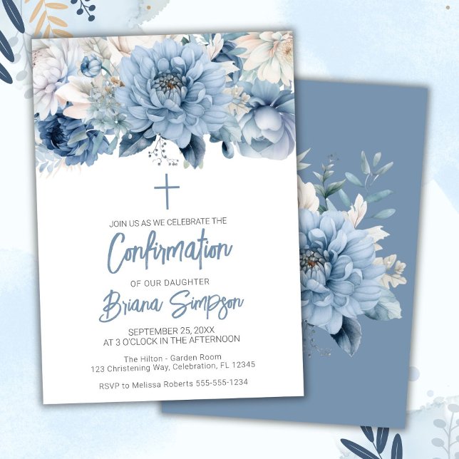 Dusty Blue Floral Confirmation Einladung (Von Creator hochgeladen)