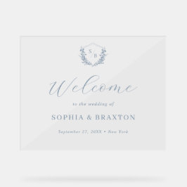 Dusty Blue Floral Crest Monogram Mariage Bienvenue
