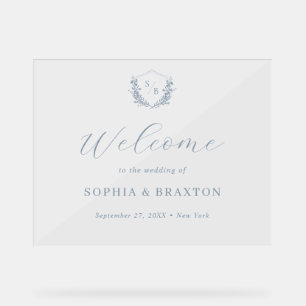Dusty Blue Floral Crest Monogram Mariage Bienvenue