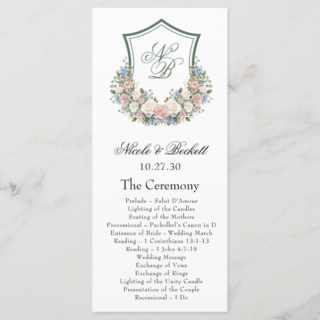 Dusty Blue Floral Crest Programme de mariage (Devant)