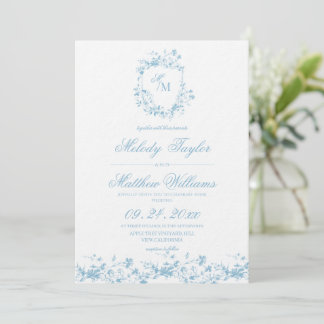 Dusty Blue Floral Crest Royal Calligraphy Wedding Einladung