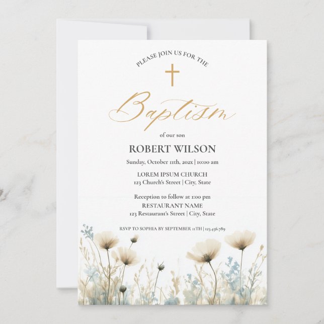 Dusty Blue Floral Cross Boy Christening Taufe Einladung (Vorderseite)