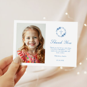 Dusty Blue Floral Cross Girls Erste Kommune Dankeskarte