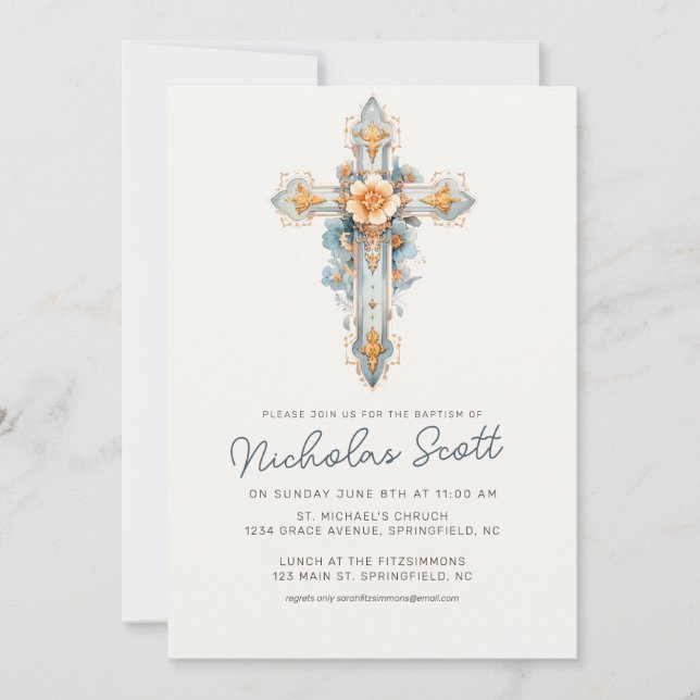 Dusty Blue Floral Cross Taufen Einladung (Vorderseite)