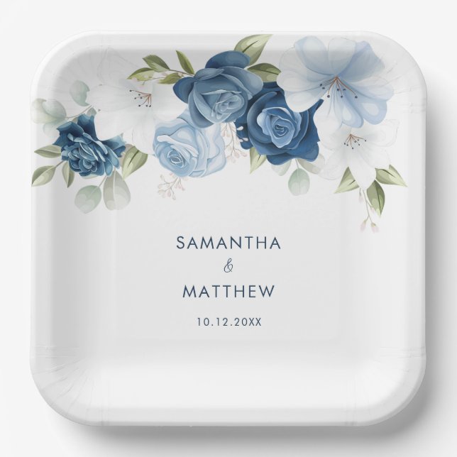 Dusty Blue Floral Custom Wedding Pappteller (Vorderseite)
