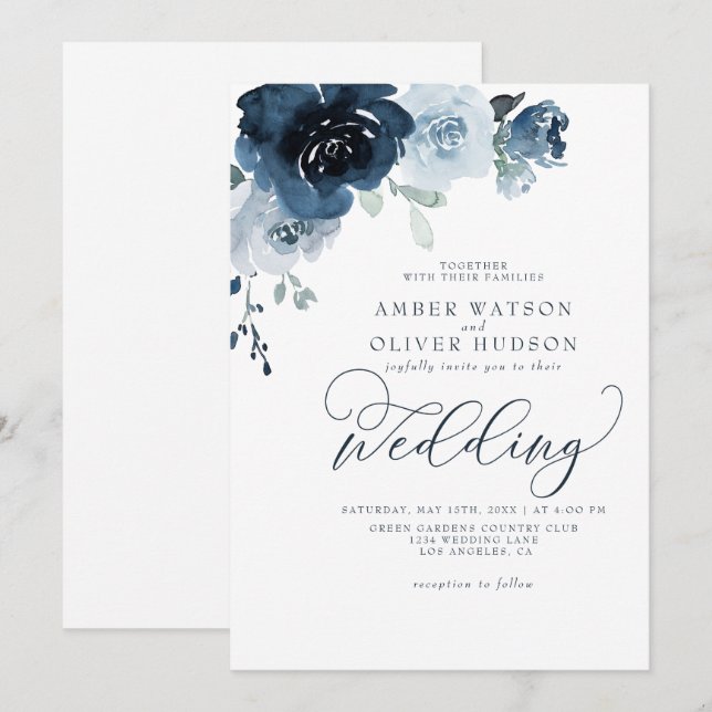 Dusty Blue Floral Dark Navy Pastel Boho Wedding Einladung (Vorne/Hinten)