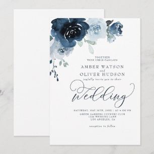Dusty Blue Floral Dark Navy Pastel Boho Wedding Einladung