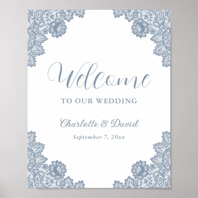 Dusty Blue Floral dentelle Mariage Affiche de bien (Devant)