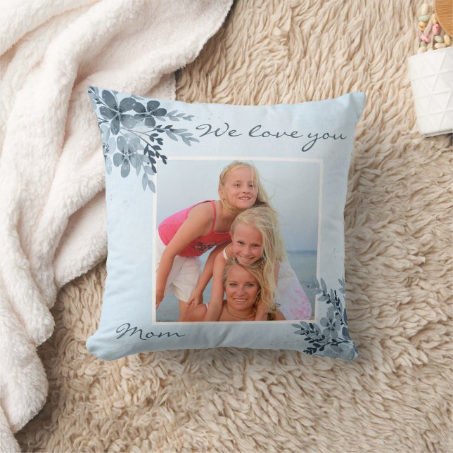 Dusty Blue Floral Design Mama Foto Kissen (Decke)