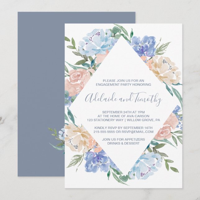 Dusty Blue Floral Diamond Engagement Party Einladung (Vorne/Hinten)