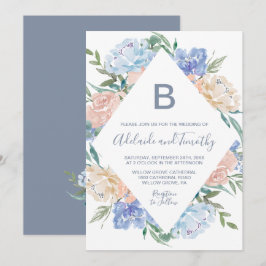 Dusty Blue Floral Diamond Monogramm die Hochzeit v Einladung