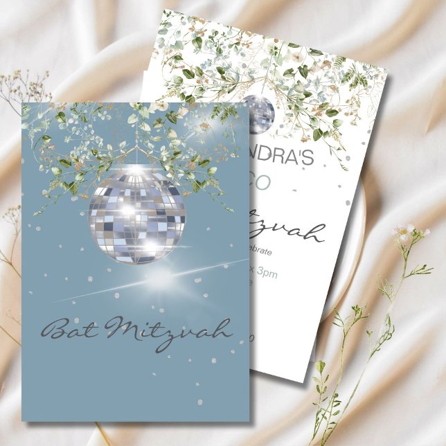 Dusty Blue Floral Disco Ball Bat Mitzvah Einladung (Von Creator hochgeladen)