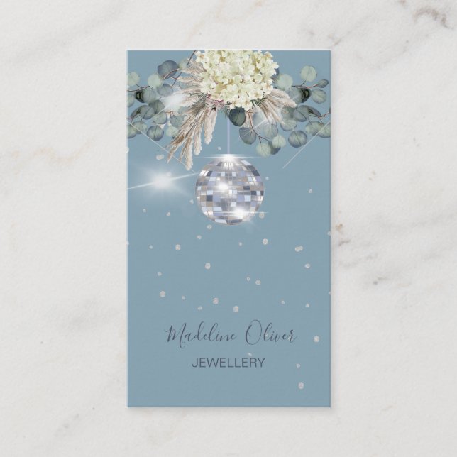Dusty Blue Floral Disco Ball Juwelier Display Visitenkarte (Vorderseite)