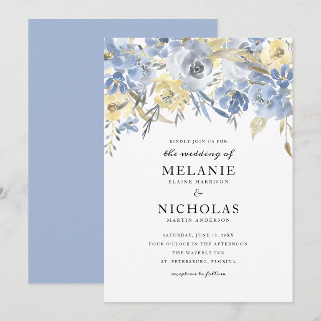 Dusty Blue Floral Drop Hochzeit Einladung (Vorne/Hinten)