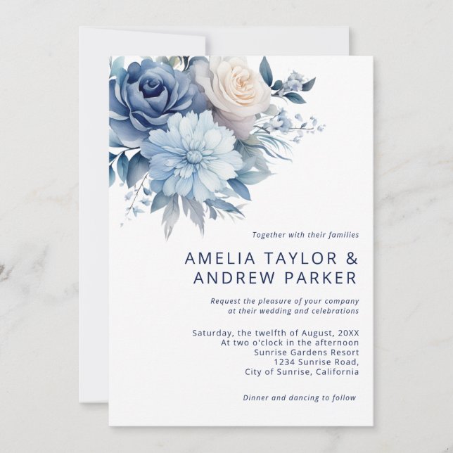 Dusty Blue Floral Dusty Rose Blush Pink Wedding Einladung (Vorderseite)