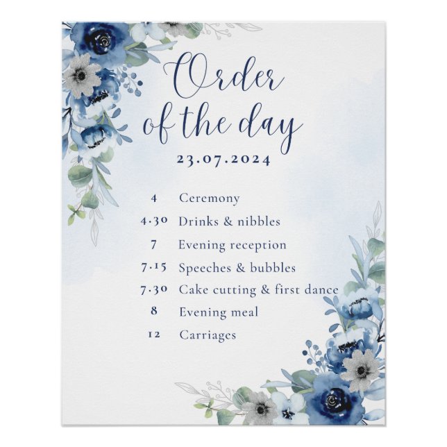 Dusty Blue Floral Editable Wedding Order Day Sign Poster (Vorderseite)