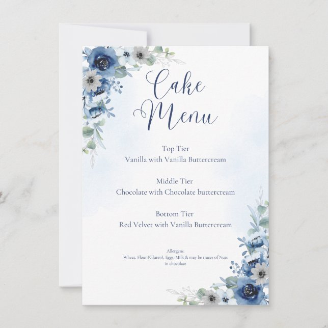 Dusty Blue Floral Editable Wedgecake Menü-Zeichen (Vorderseite)