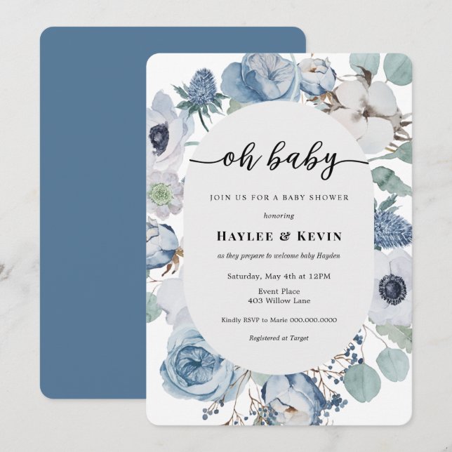 Dusty Blue Floral = Einladung zur Kinderdusche (Vorne/Hinten)